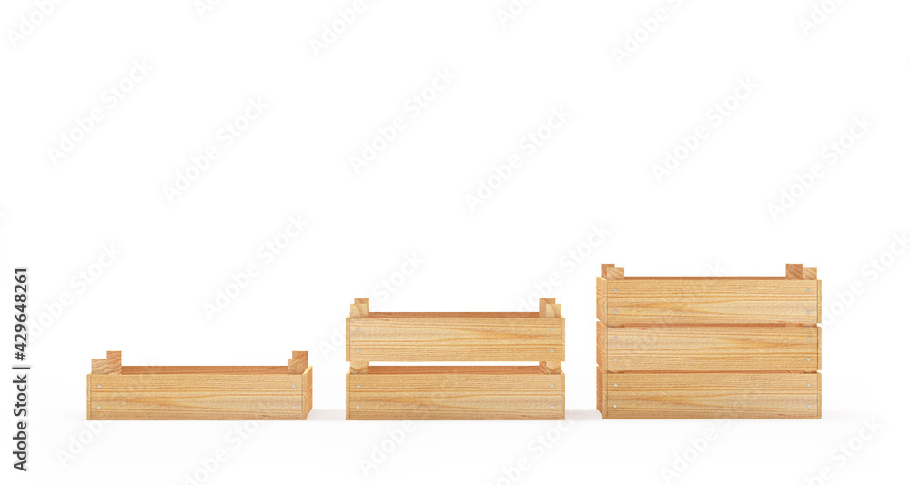 Wooden boxes or pallets of different sizes. 3D illustration 
