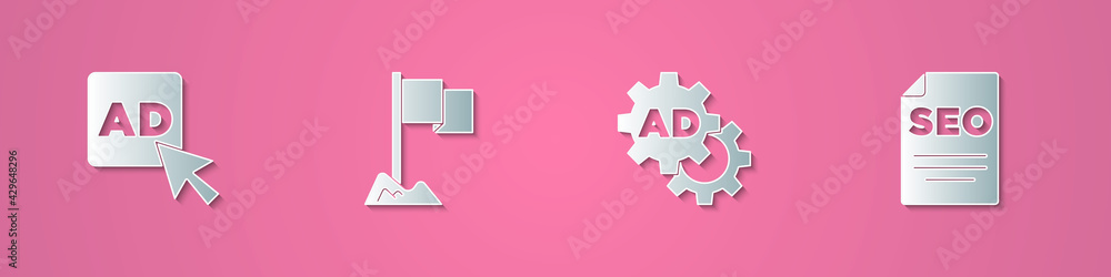 Set paper cut Advertising, Location marker, and SEO optimization icon. Paper art style. Vector Set paper cut Advertising, Location marker, and SEO optimization icon. Paper art style. Vector