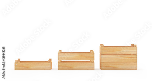 Wooden boxes or pallets of different sizes. 3D illustration 
