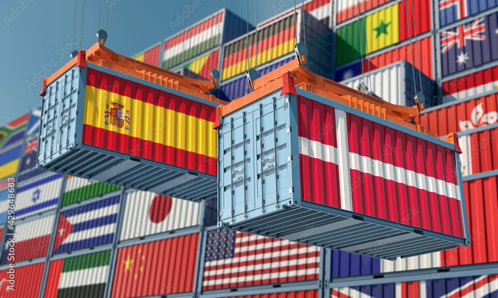 Freight containers with Spain and Denmark national flags. 3D Rendering 