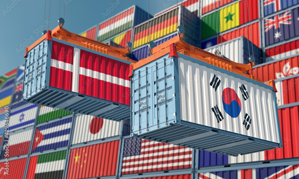 Freight containers with South Korea and Denmark national flags. 3D Rendering 
