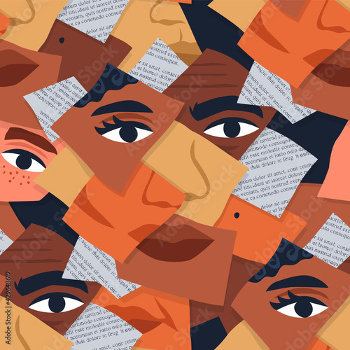 Diverse people face photo collage seamless pattern