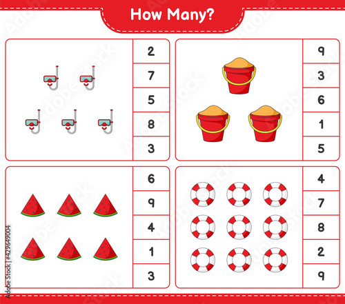 Counting game, how many Watermelon, Lifebuoy, Scuba Diving Mask, and Sand Bucket. Educational children game, printable worksheet, vector illustration