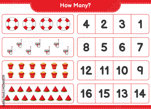 Counting game, how many Watermelon, Lifebuoy, Scuba Diving Mask, and Sand Bucket. Educational children game, printable worksheet, vector illustration