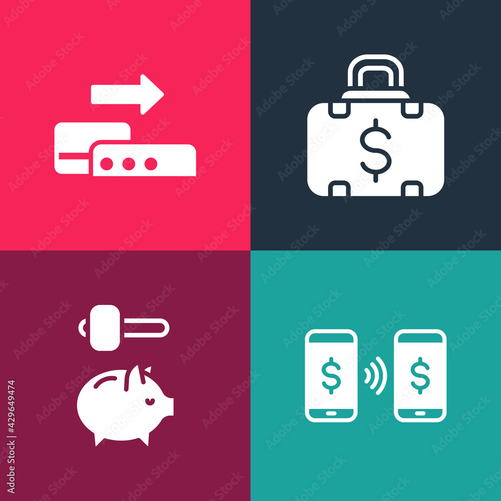 Set pop art Money payment transfer, Piggy bank and hammer, Briefcase money and Pos terminal icon. Vector Set pop art Money payment transfer, Piggy bank and hammer, Briefcase money and Pos terminal icon. Vector