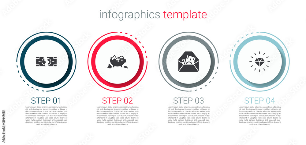 Set Tearing money banknote, Broken piggy, Envelope with dollar symbol and Diamond. Business infographic template. Vector Set Tearing money banknote, Broken piggy, Envelope with dollar symbol and Diamond. Business infographic template. Vector