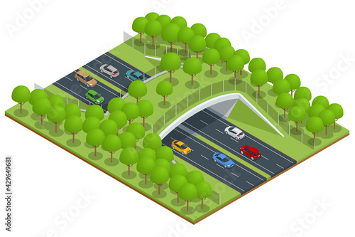 Isometric expressway with a bridge for wildlife. Bridge over a highway in forest