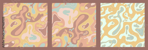Abstract simple minimalistic liquid marble patterns. Flat design. Swirls of lines and earth and sand colors. Seamless backgrounds