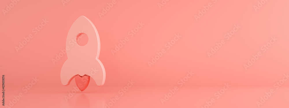 Start up and minimal concept, rocket over pink background, 3d render, panoramic mock-up image Start up and minimal concept, rocket over pink background, 3d render, panoramic mock-up image
