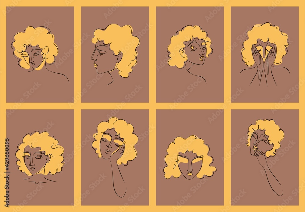 Hand drawn line art sophisticated woman portrait in minimalistic abstract graphic style. Sketch in soft neutral pastel colors. Black African woman with yellow golden curls. Isolated illustration.