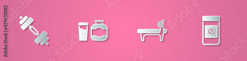 Set paper cut Dumbbell, Sports nutrition, Bench with barbel and Anabolic drugs icon. Paper art style. Vector
