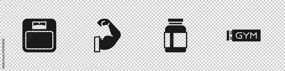 Set Bathroom scales, Bodybuilder muscle, Sports nutrition and Location gym icon. Vector Set Bathroom scales, Bodybuilder muscle, Sports nutrition and Location gym icon. Vector