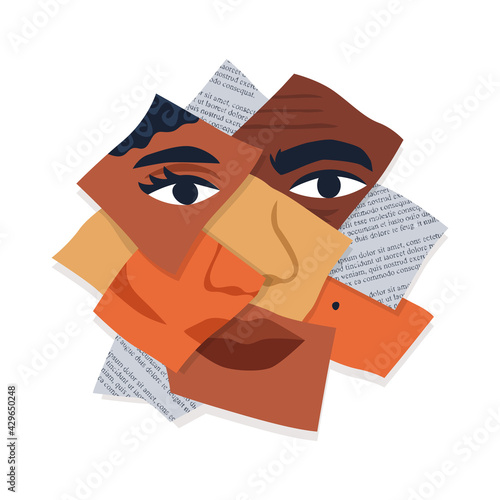Diverse ethnic people face paper collage isolated