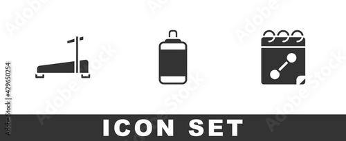 Set Treadmill machine, Punching bag and Calendar fitness icon. Vector