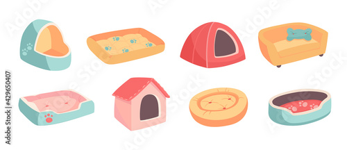 A set of beds for a pet, dog or cat. Flat vector illustration of goods for animals. Objects isolated on white background, cartoon style. Turquoise, yellow, red, pink colors.