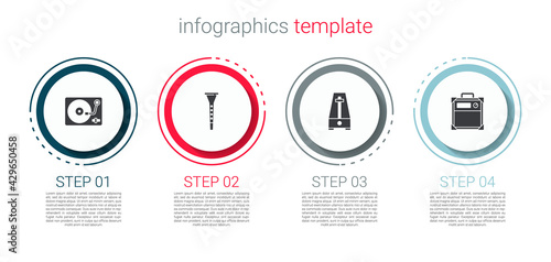 Set Vinyl player with vinyl disk, Clarinet, Metronome pendulum and Guitar amplifier. Business infographic template. Vector