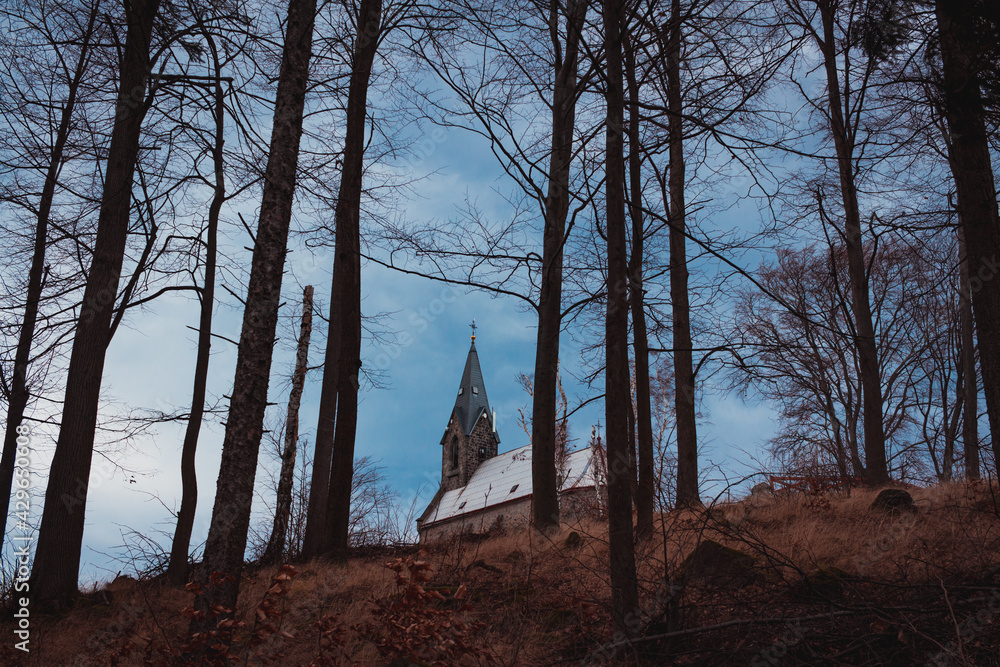 Church at the mountain top. Church of Our Lady of Sorrows (Žulová) build in 1878 - 1880 Czech Republic