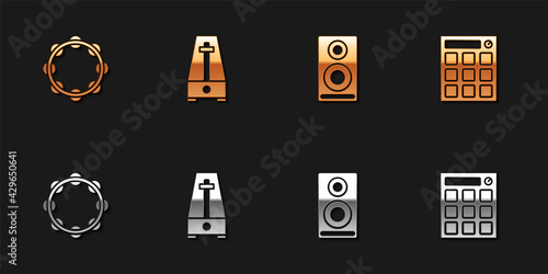 Set Tambourine, Metronome with pendulum, Stereo speaker and Drum machine icon. Vector