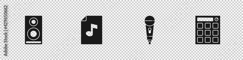 Set Stereo speaker, Music book with note, Microphone and Drum machine icon. Vector