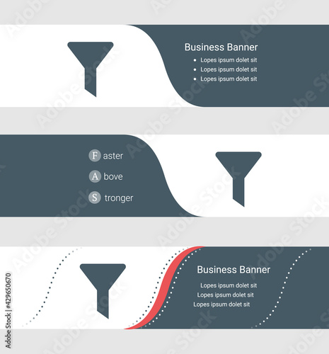 Set of blue grey banner, horizontal business banner templates. Banners with template for text and funnel symbol. Classic and modern style. Vector illustration on grey background