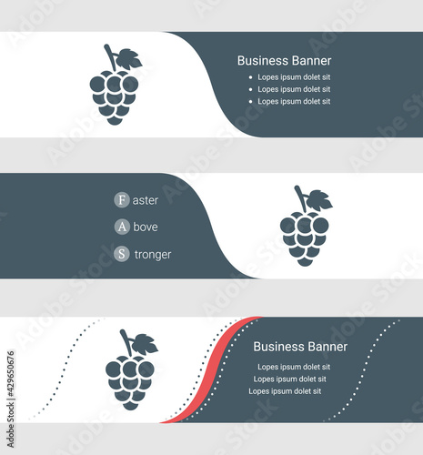 Set of blue grey banner, horizontal business banner templates. Banners with template for text and grapes symbol. Classic and modern style. Vector illustration on grey background