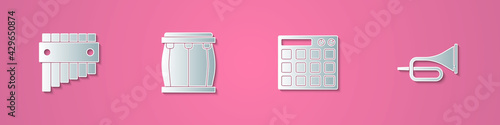 Set paper cut Pan flute, Drum, machine and Trumpet icon. Paper art style. Vector