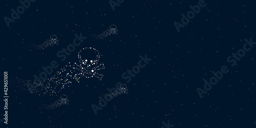 A skull filled with dots flies through the stars leaving a trail behind. Four small symbols around. Empty space for text on the right. Vector illustration on dark blue background with stars