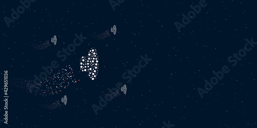 A speaker symbol filled with dots flies through the stars leaving a trail behind. Four small symbols around. Empty space for text on the right. Vector illustration on dark blue background with stars