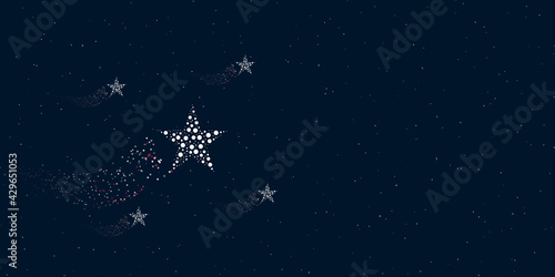 Fototapeta Naklejka Na Ścianę i Meble -  A star symbol filled with dots flies through the stars leaving a trail behind. Four small symbols around. Empty space for text on the right. Vector illustration on dark blue background with stars