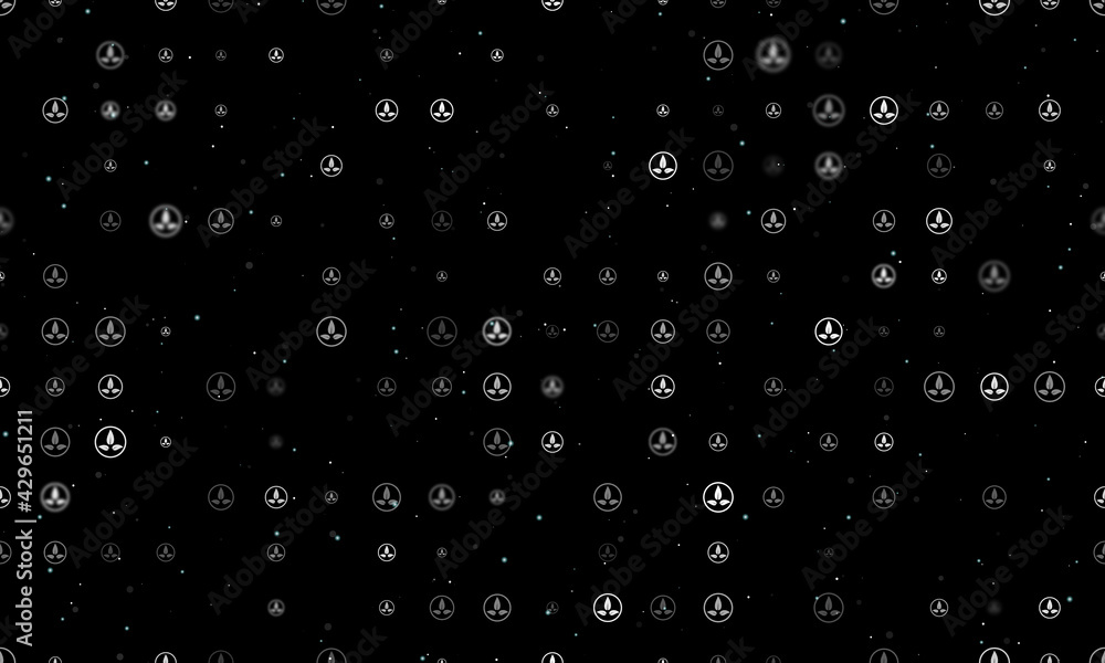 Seamless background pattern of evenly spaced white ecology symbols of different sizes and opacity. Vector illustration on black background with stars