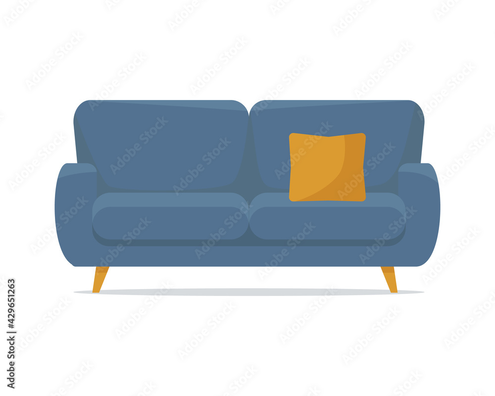 Modern Soft blue sofa with yellow decorative cushion, isolated on white background. Element design of home interior. Cozy Domestic or Office Furniture. Vector illustration in flat style Modern Soft blue sofa with yellow decorative cushion, isolated on white background. Element design of home interior. Cozy Domestic or Office Furniture. Vector illustration in flat style