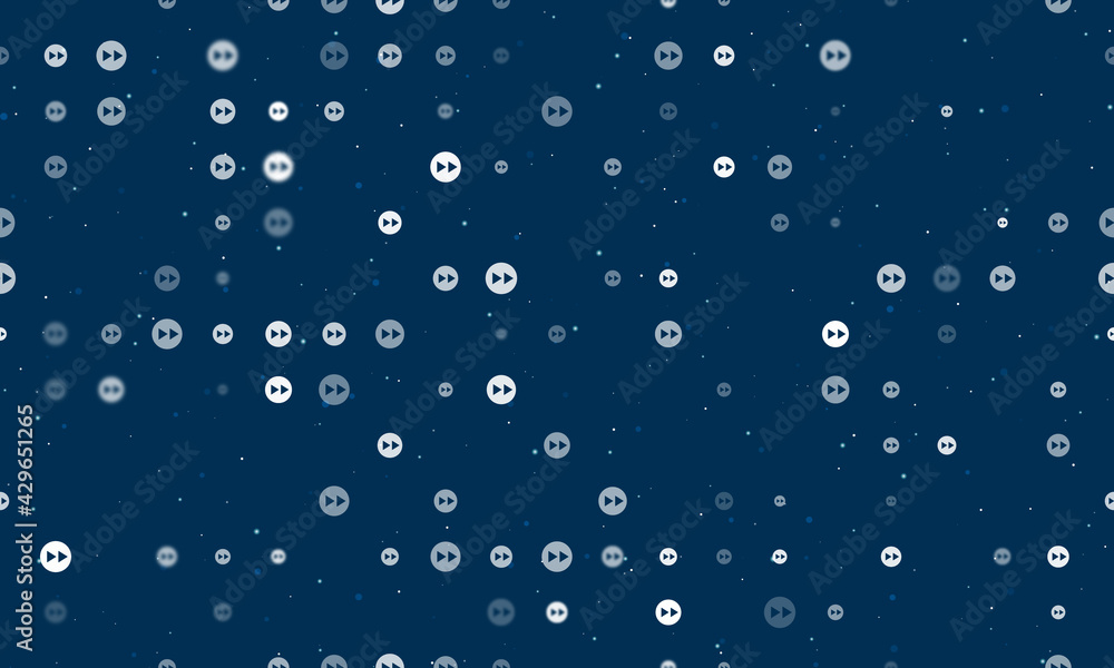 Seamless background pattern of evenly spaced white fast forward symbols of different sizes and opacity. Vector illustration on dark blue background with stars