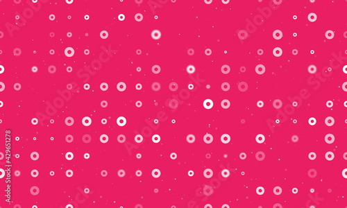 Seamless background pattern of evenly spaced white record media symbols of different sizes and opacity. Vector illustration on pink background with stars