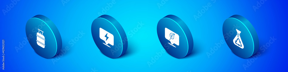 Set Isometric Propane gas tank, Location with leaf, Garbage bag recycle and Lightning bolt icon. Vector Set Isometric Propane gas tank, Location with leaf, Garbage bag recycle and Lightning bolt icon. Vector