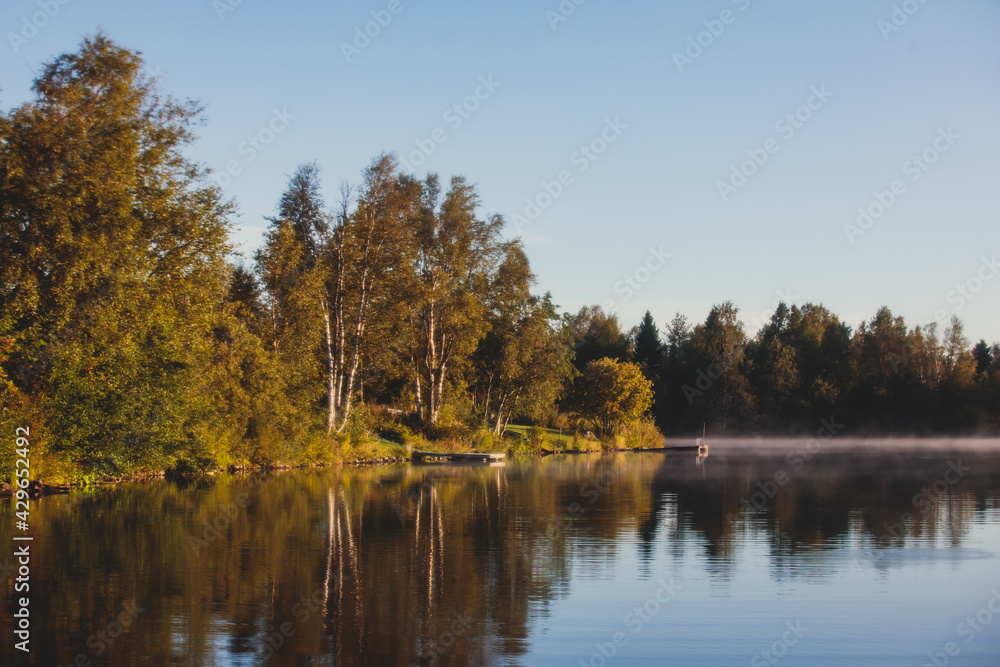 View of Kem River, Kemijoki, in a Liedakkala village in the municipality of Keminmaa in Lapland in north-western Finland, Aerial beautiful summer dawn sunrise