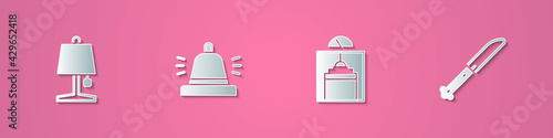 Set paper cut Table lamp, Hotel service bell, Lift and Knife icon. Paper art style. Vector
