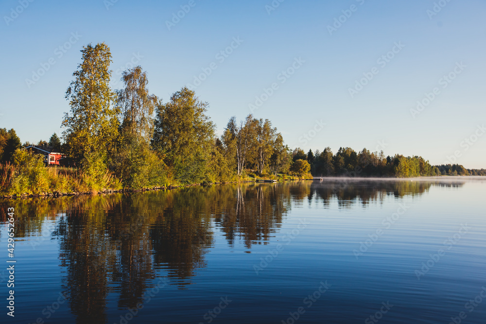 View of Kem River, Kemijoki, in a Liedakkala village in the municipality of Keminmaa in Lapland in north-western Finland, Aerial beautiful summer dawn sunrise