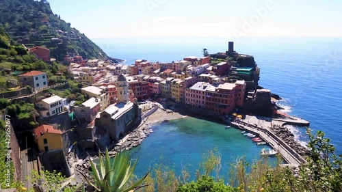 Buildings In Famous Village Of Manarola In Cinque Terre, Italy. aerial tilt-up photo