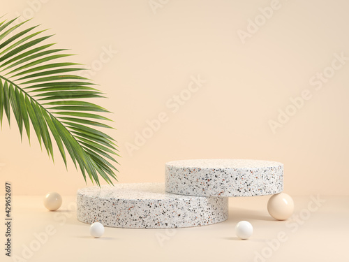 Minimal Geometry Basic Step Product Stand With Green Palm Leaf On Beige Background 3d Render
