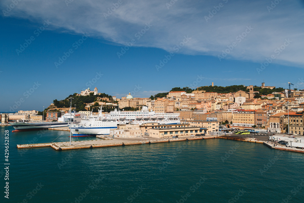 Aerial view of cruise ships and ferries docked at the port of Ancona. Bright summer day, travel concept