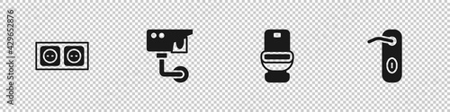 Set Electrical outlet, Security camera, Toilet bowl and Door handle icon. Vector