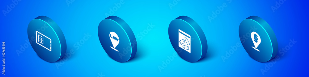 Set Isometric Safe, Evidence bag and bullet, Location law and icon. Vector Set Isometric Safe, Evidence bag and bullet, Location law and icon. Vector