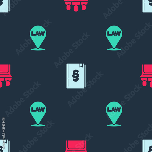 Set Jurors, Law book and Location law on seamless pattern. Vector