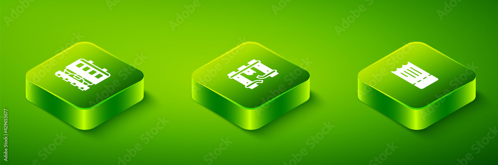 Set Isometric Broken rails on a railway, Train ticket and Passenger train cars icon. Vector Set Isometric Broken rails on a railway, Train ticket and Passenger train cars icon. Vector