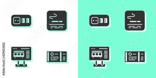 Set Train ticket, Electrical outlet, Ticket office to buy tickets and Smoking area icon. Vector © Kostiantyn
