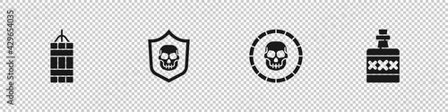 Fototapeta Naklejka Na Ścianę i Meble -  Set Dynamite bomb, Shield with pirate skull, Pirate coin and Alcohol drink Rum icon. Vector