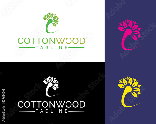 C letter cottonwood tree pollen chalk colorful logo icon design template and Cottonwood plant.