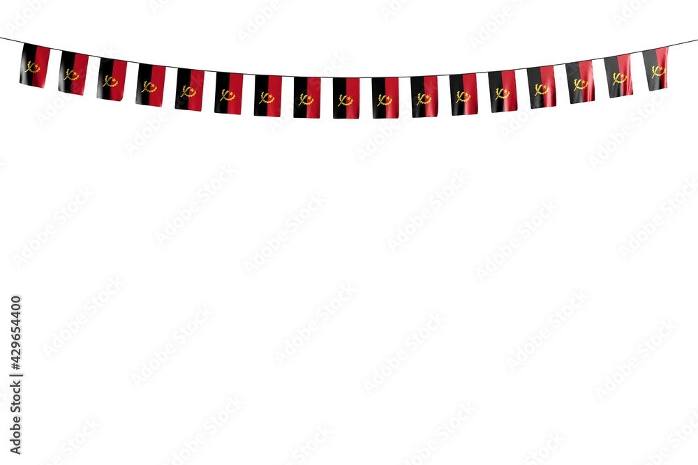 Fototapeta premium cute feast flag 3d illustration. - many Angola flags or banners hanging on string isolated on white