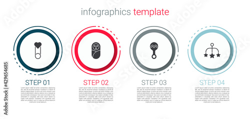 Set Baby clothes pin, Newborn baby infant swaddled, Rattle toy and crib hanging toys. Business infographic template. Vector