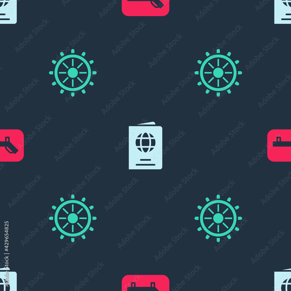 Set Sunbed and umbrella, Passport and Ship steering wheel on seamless pattern. Vector Set Sunbed and umbrella, Passport and Ship steering wheel on seamless pattern. Vector